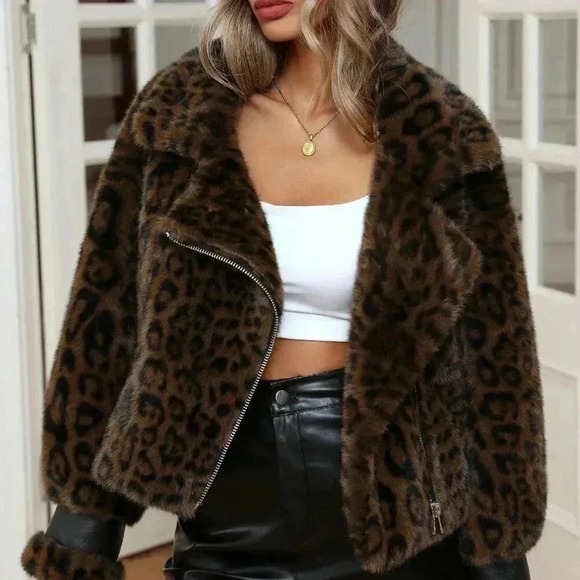Brown Casual Women's Vintage Leopard Fluffy Patchwork Crop Jacket With Lapel - Picture 3 of 5